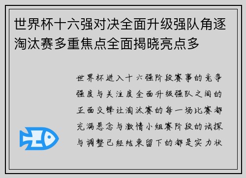 世界杯十六强对决全面升级强队角逐淘汰赛多重焦点全面揭晓亮点多
